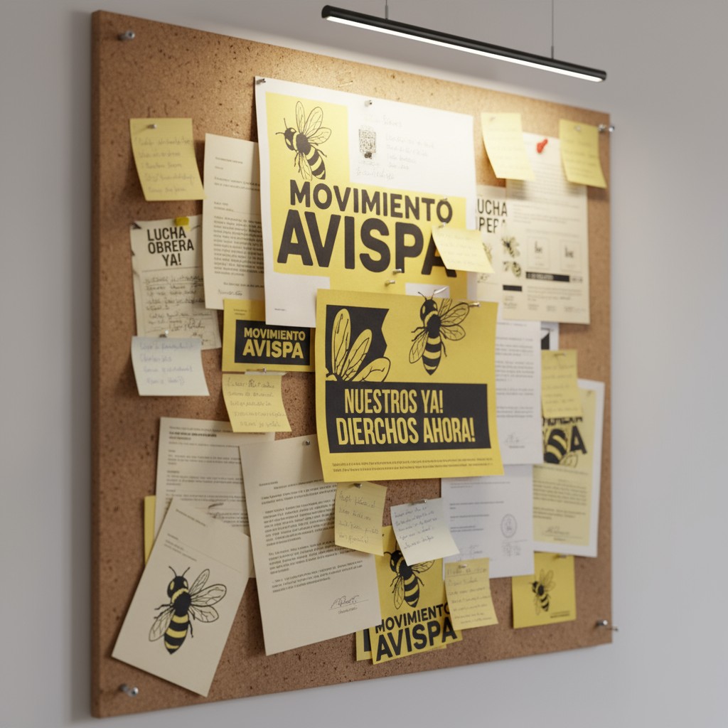 Nglish alt text: Board of bulletin with posters and notes in Spanish attached.